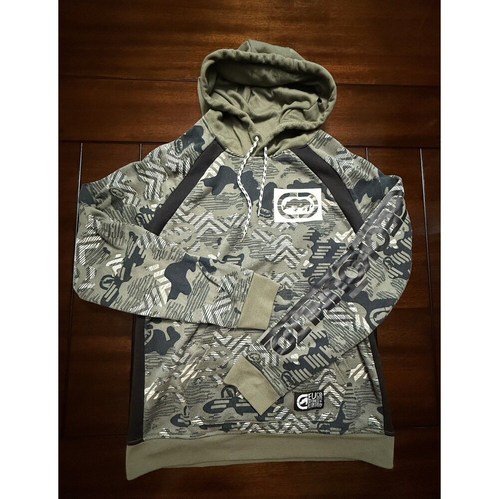 🔥RARE- Unisex Y2K Camo Zip Up Hoodie Streetwear Graphic Print Spellout Ecko L
